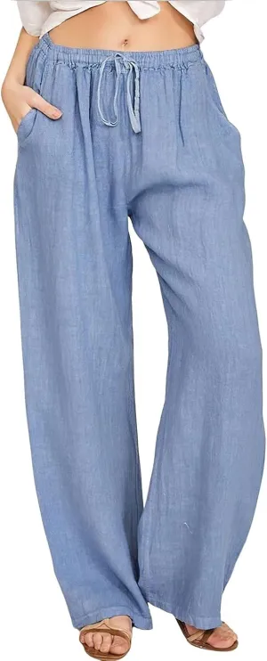 ebossy Women's Cotton Linen Pants Elastic High Waist Drawstring Wide Leg Lounge Palazzo Yoga Trousers