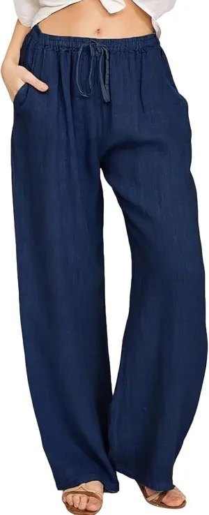 ebossy Women's Cotton Linen Pants Elastic High Waist Drawstring Wide Leg Lounge Palazzo Yoga Trousers