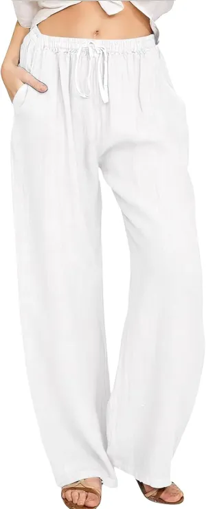 ebossy Women's Cotton Linen Pants Elastic High Waist Drawstring Wide Leg Lounge Palazzo Yoga Trousers