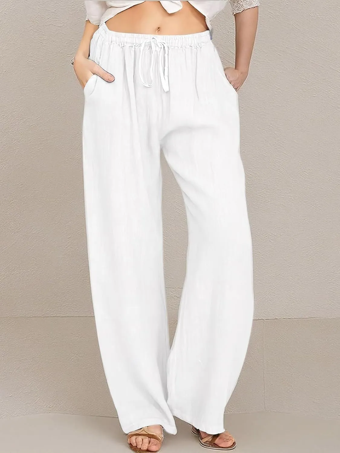 ebossy Women's Cotton Linen Pants Elastic High Waist Drawstring Wide Leg Lounge Palazzo Yoga Trousers
