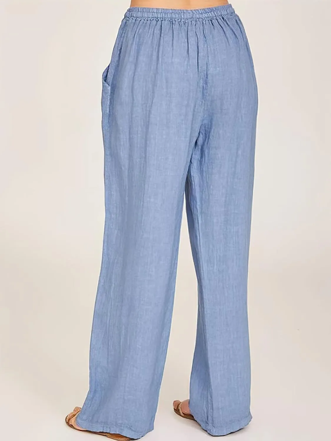 ebossy Women's Cotton Linen Pants Elastic High Waist Drawstring Wide Leg Lounge Palazzo Yoga Trousers