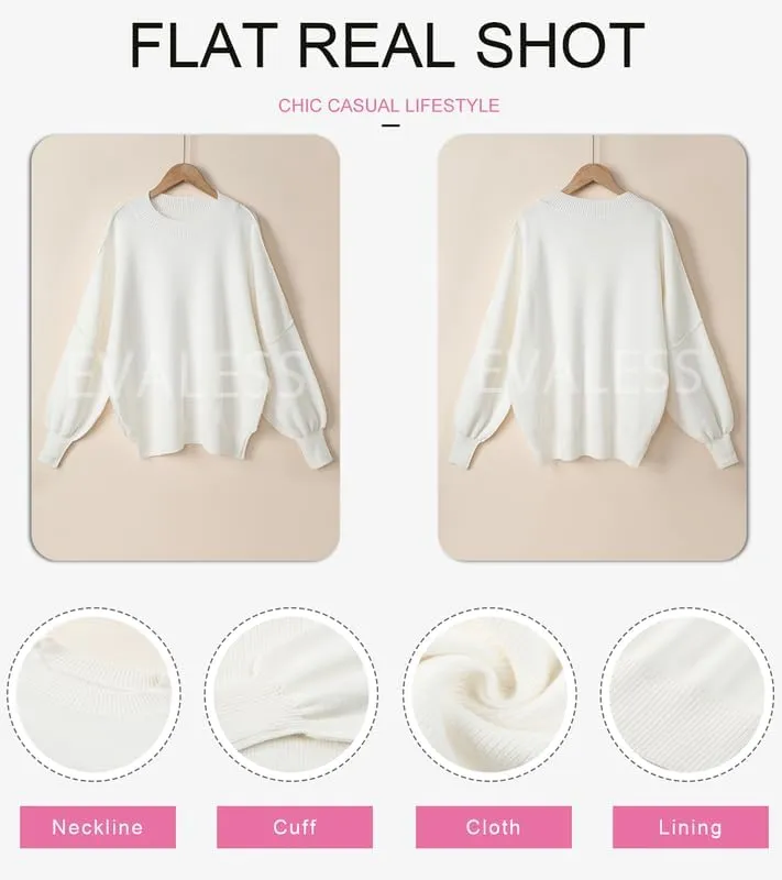 EVALESS Sweaters for Women Fashion 2024 Crewneck Batwing Sleeve Oversized Side Slit Ribbed Knit Pullover Sweater Tops
