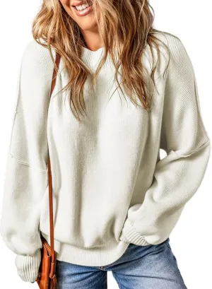 EVALESS Sweaters for Women Fashion 2024 Crewneck Batwing Sleeve Oversized Side Slit Ribbed Knit Pullover Sweater Tops
