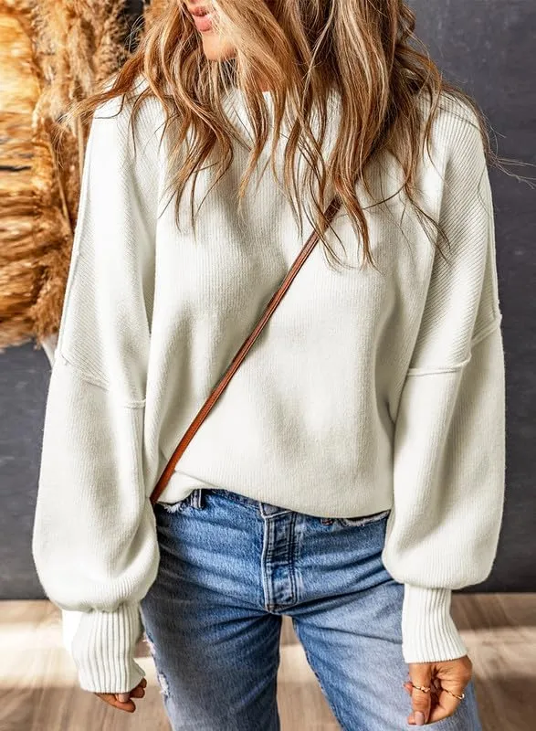 EVALESS Sweaters for Women Fashion 2024 Crewneck Batwing Sleeve Oversized Side Slit Ribbed Knit Pullover Sweater Tops