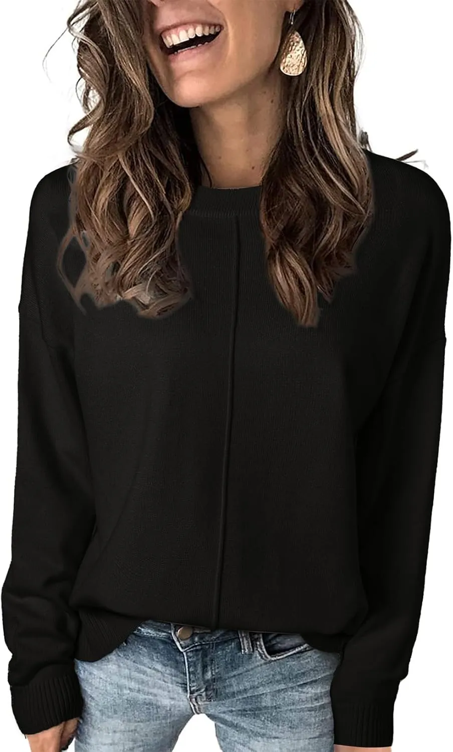 EVALESS Womens Fall Sweaters 2024 Fashion Crewneck Long Sleeve Pleated Knitted Casual Pullover Tops