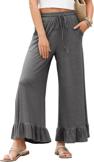 EVALESS Womens Wide Leg Pants Drawstring Elastic High Waisted Ruffle Hem Palazzo Pants with Pockets