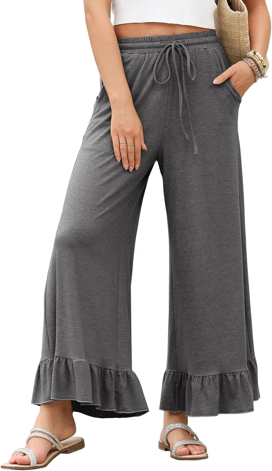 EVALESS Womens Wide Leg Pants Drawstring Elastic High Waisted Ruffle Hem Palazzo Pants with Pockets
