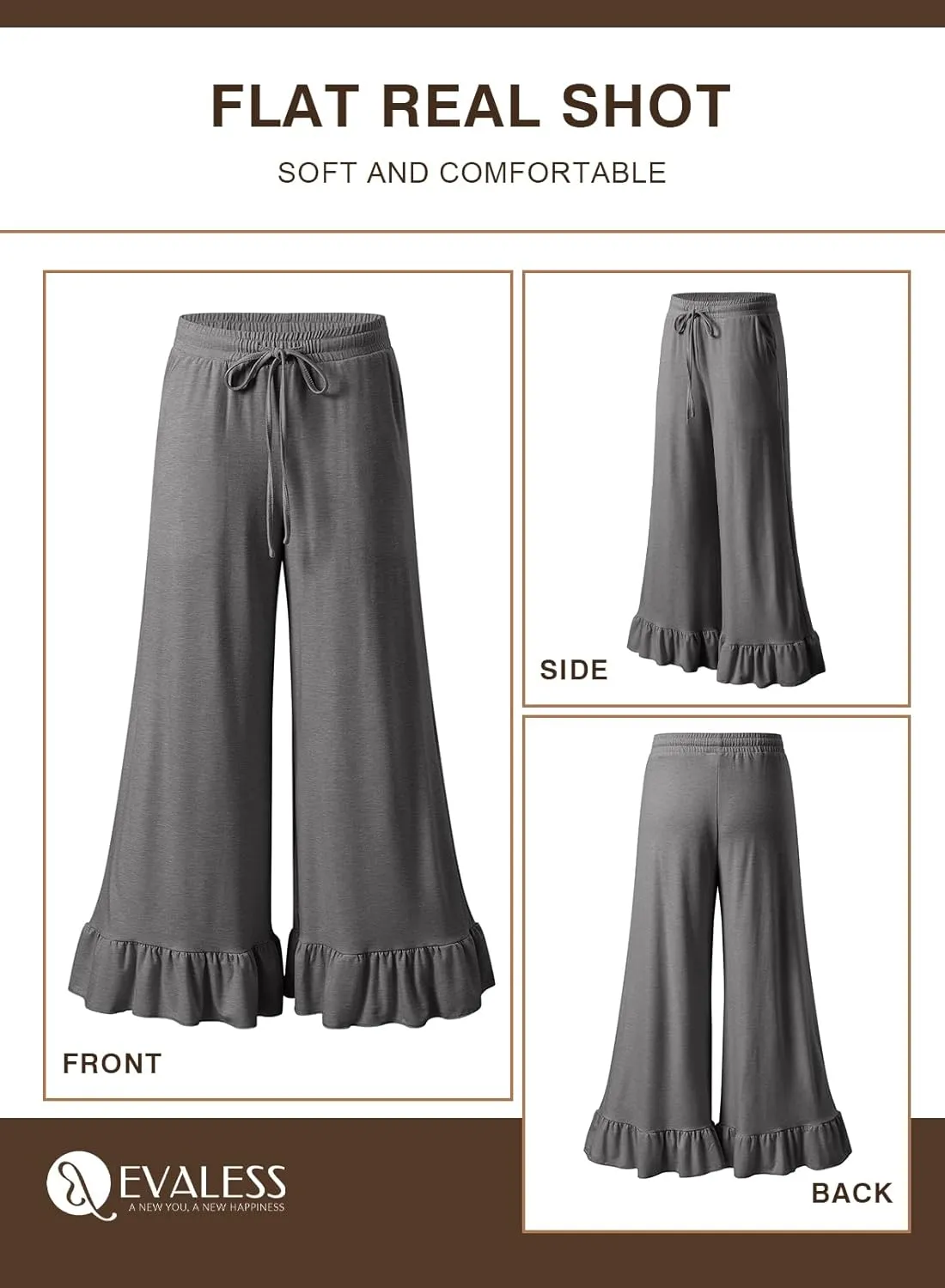 EVALESS Womens Wide Leg Pants Drawstring Elastic High Waisted Ruffle Hem Palazzo Pants with Pockets
