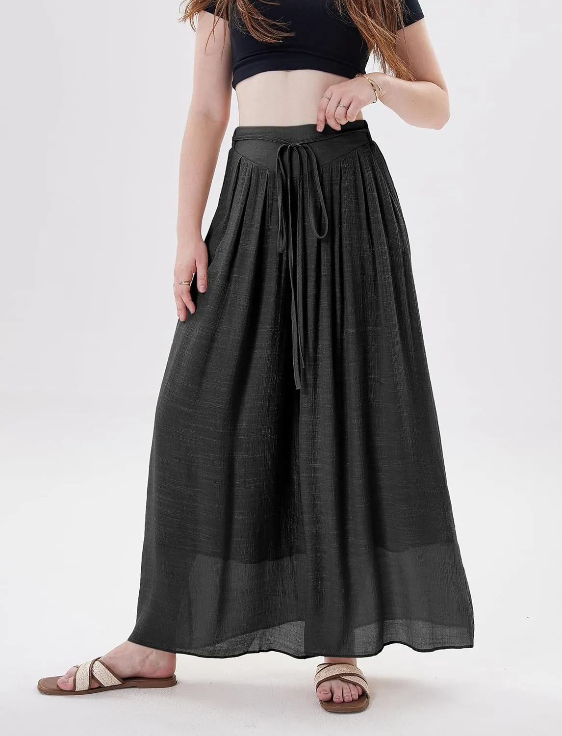 Fakanhui Women's Linen Palazzo Pants Summer Beach Wide Leg High Waist Casual Dressy Lounge Pant Trouser