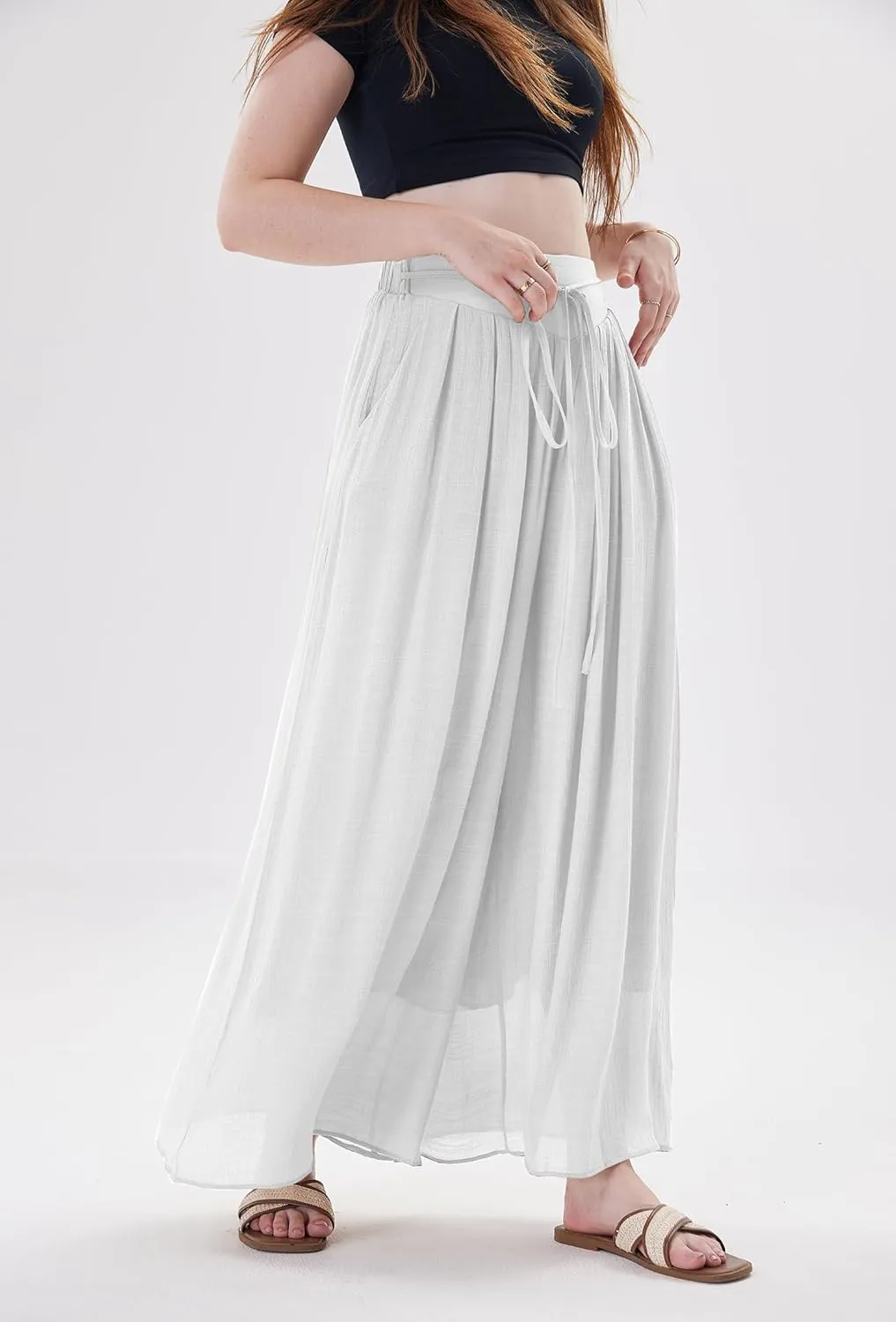Fakanhui Women's Linen Palazzo Pants Summer Beach Wide Leg High Waist Casual Dressy Lounge Pant Trouser