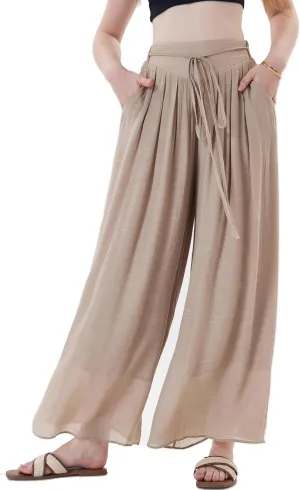 Fakanhui Women's Linen Palazzo Pants Summer Beach Wide Leg High Waist Casual Dressy Lounge Pant Trouser
