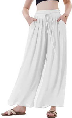 Fakanhui Women's Linen Palazzo Pants Summer Beach Wide Leg High Waist Casual Dressy Lounge Pant Trouser