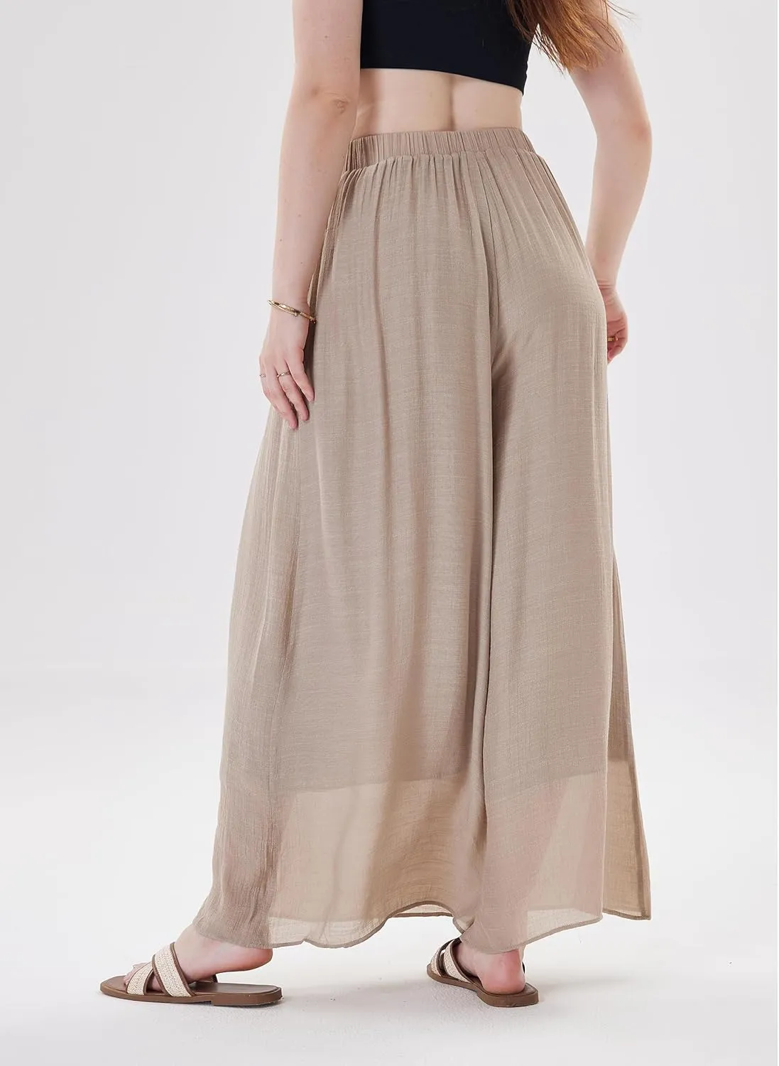 Fakanhui Women's Linen Palazzo Pants Summer Beach Wide Leg High Waist Casual Dressy Lounge Pant Trouser