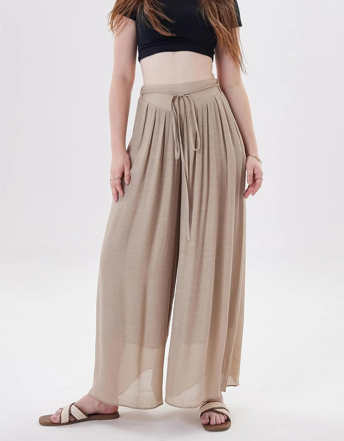 Fakanhui Women's Linen Palazzo Pants Summer Beach Wide Leg High Waist Casual Dressy Lounge Pant Trouser