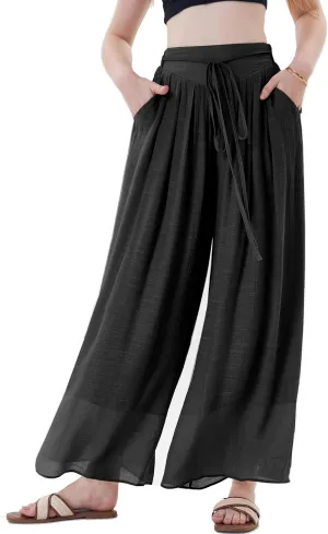 Fakanhui Women's Linen Palazzo Pants Summer Beach Wide Leg High Waist Casual Dressy Lounge Pant Trouser