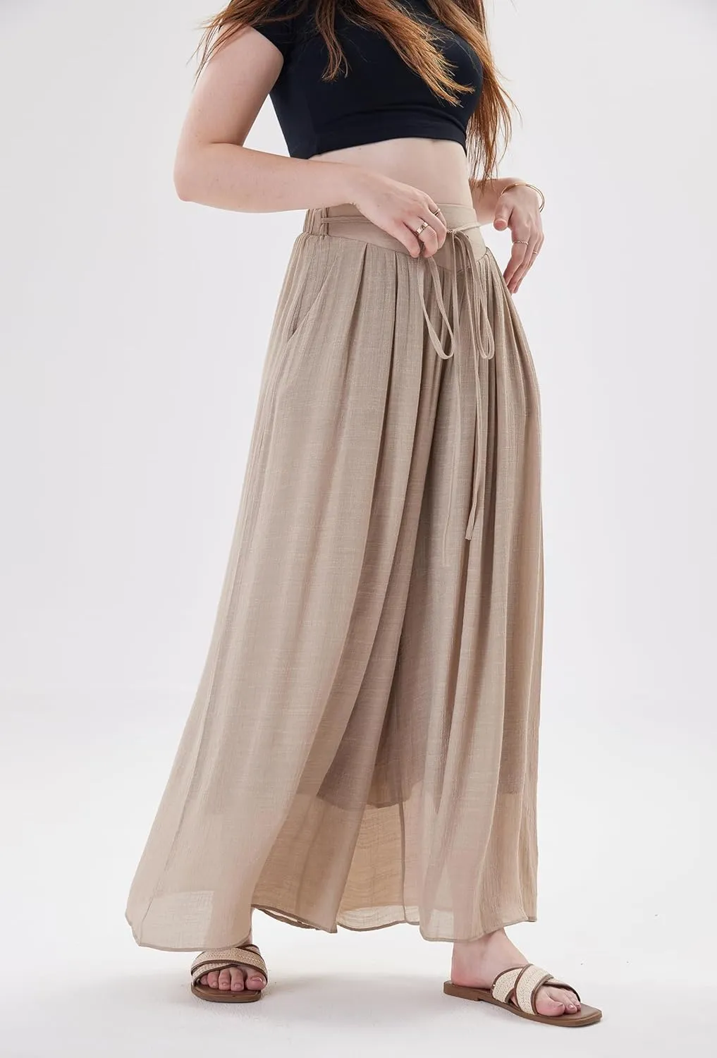Fakanhui Women's Linen Palazzo Pants Summer Beach Wide Leg High Waist Casual Dressy Lounge Pant Trouser