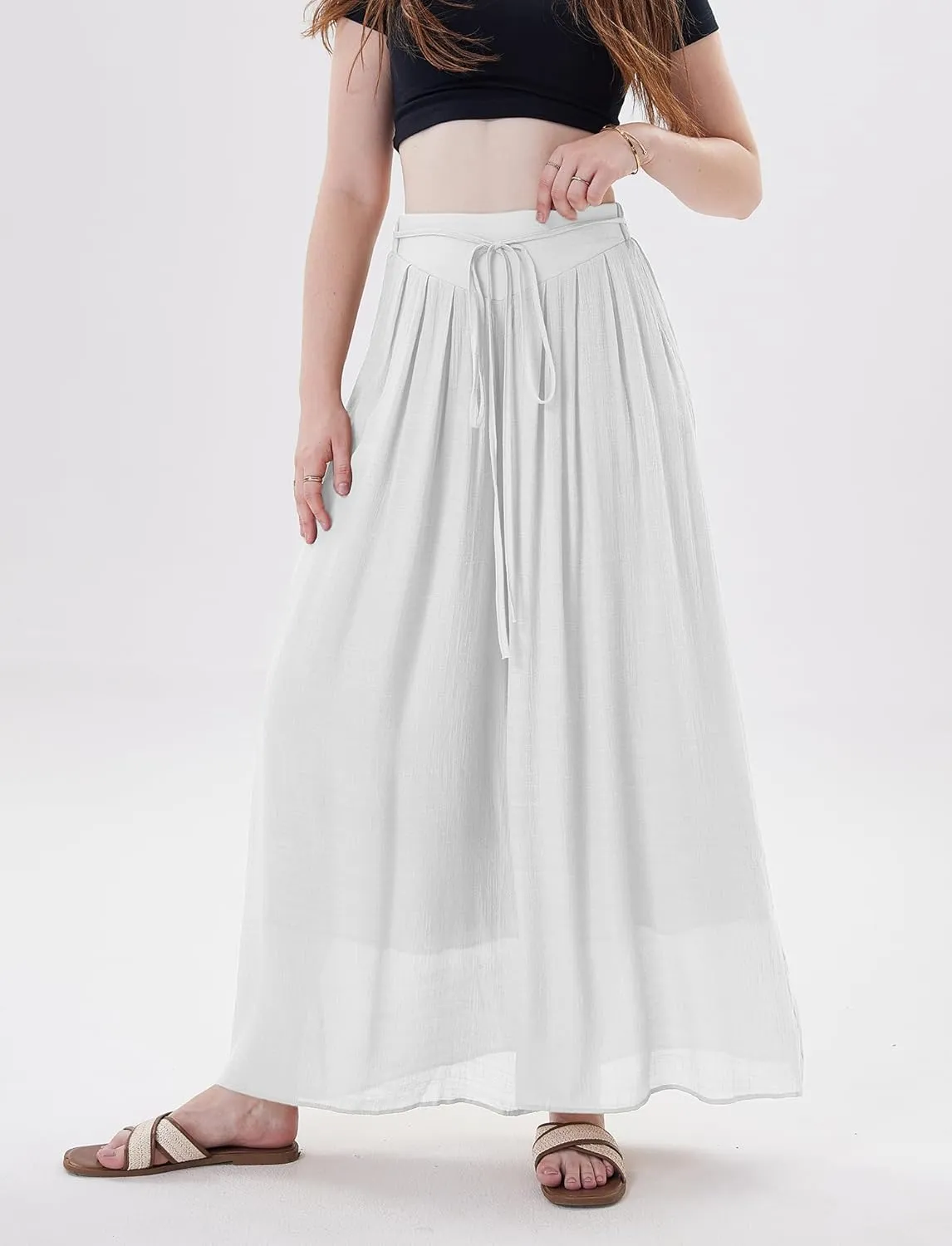 Fakanhui Women's Linen Palazzo Pants Summer Beach Wide Leg High Waist Casual Dressy Lounge Pant Trouser