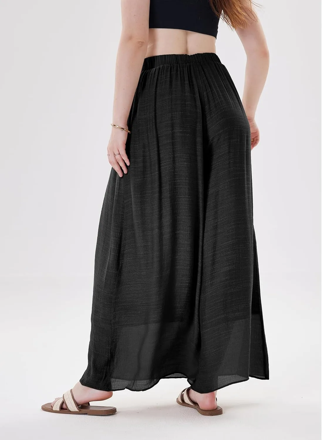 Fakanhui Women's Linen Palazzo Pants Summer Beach Wide Leg High Waist Casual Dressy Lounge Pant Trouser