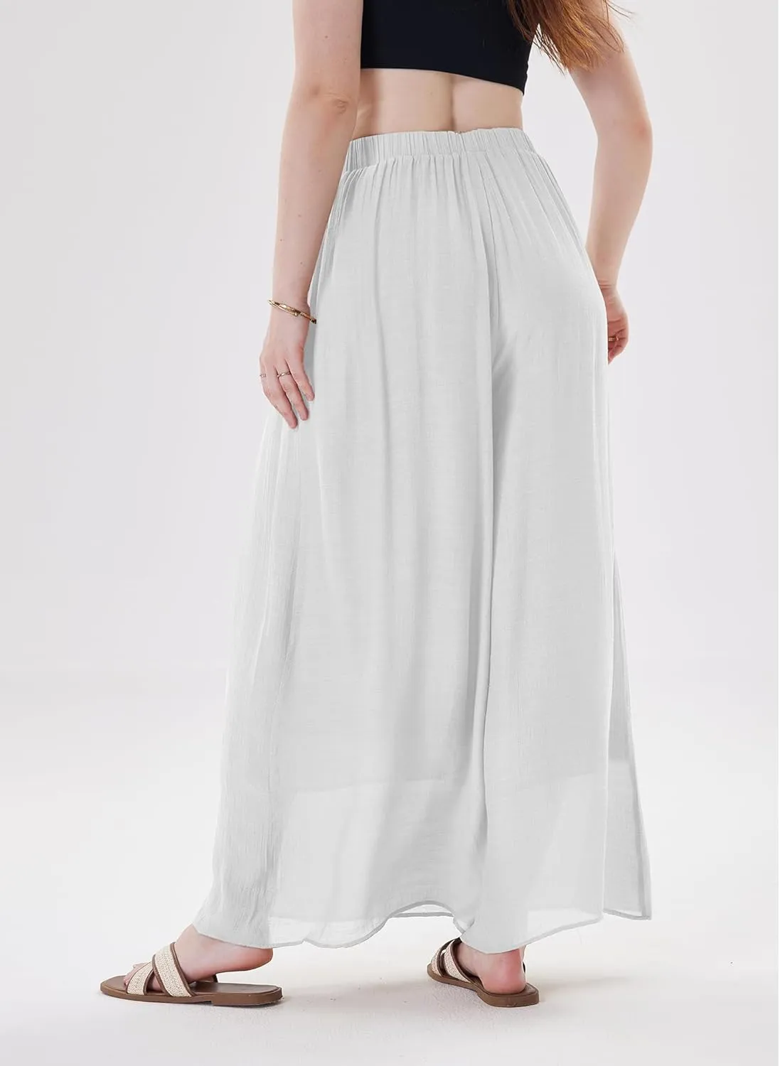 Fakanhui Women's Linen Palazzo Pants Summer Beach Wide Leg High Waist Casual Dressy Lounge Pant Trouser
