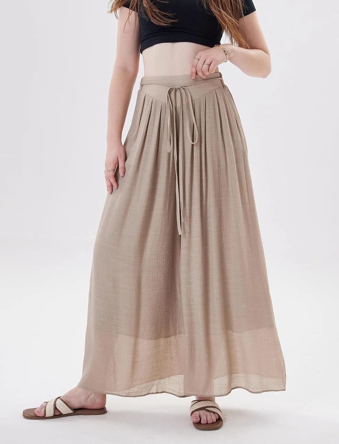 Fakanhui Women's Linen Palazzo Pants Summer Beach Wide Leg High Waist Casual Dressy Lounge Pant Trouser