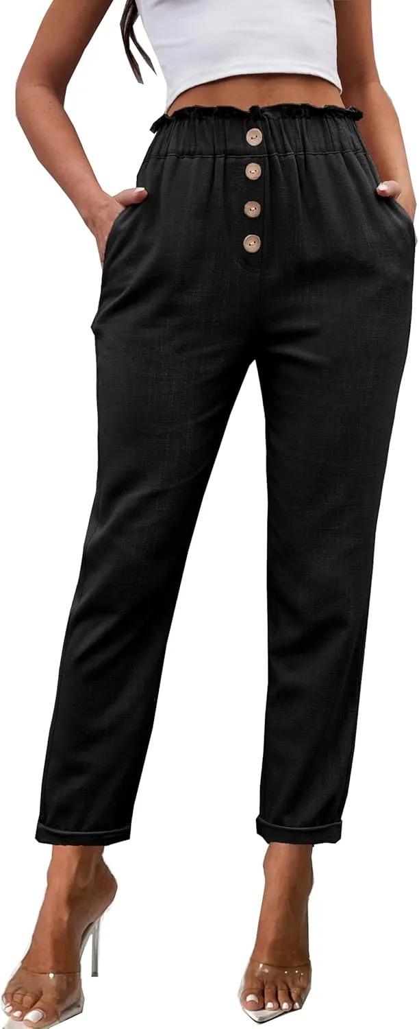 Fakanhui Women's Linen Work Pants Summer Dressy Casual Business High Waist Paperbag Cropped Pants Trouser