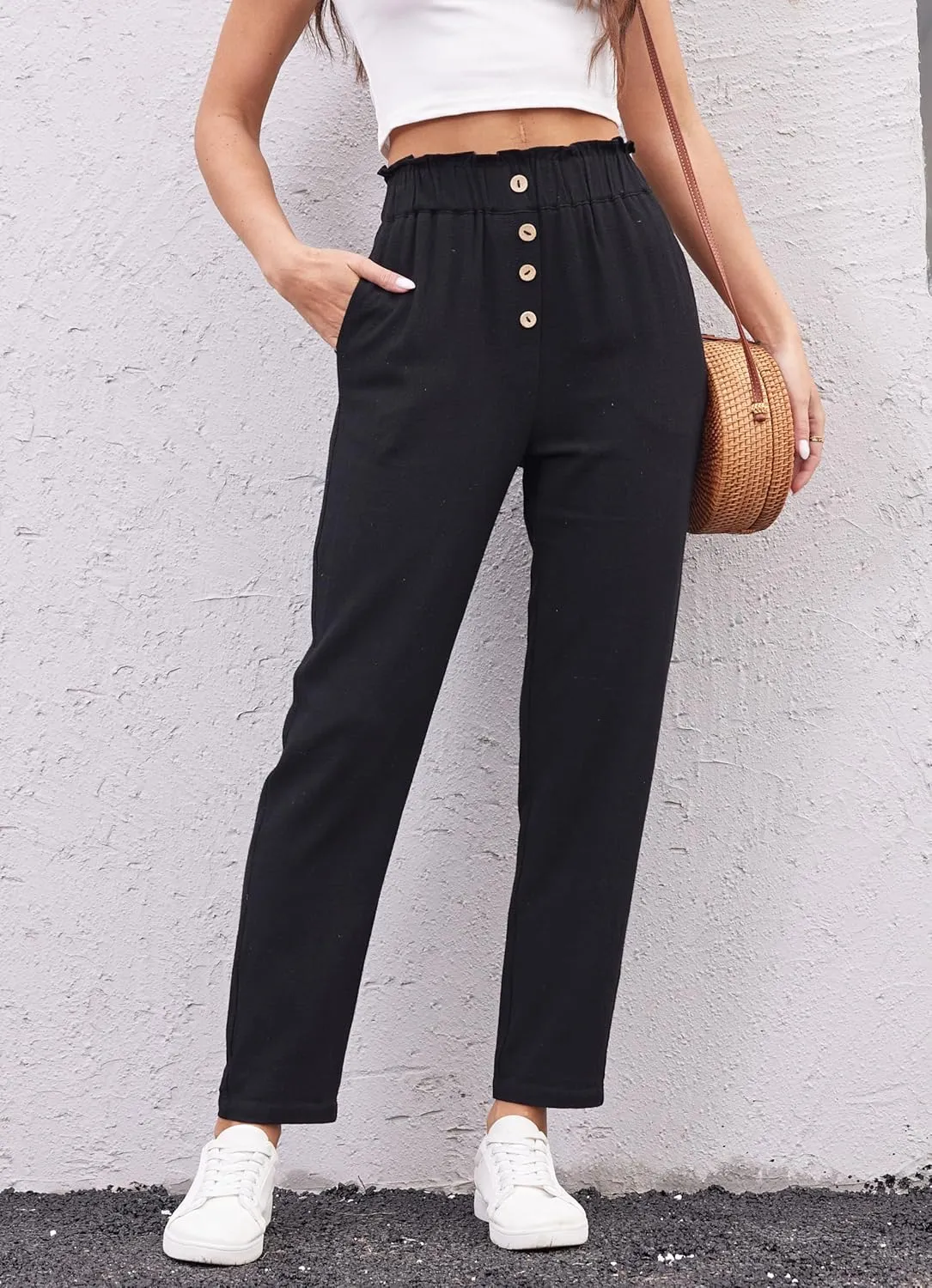 Fakanhui Women's Linen Work Pants Summer Dressy Casual Business High Waist Paperbag Cropped Pants Trouser