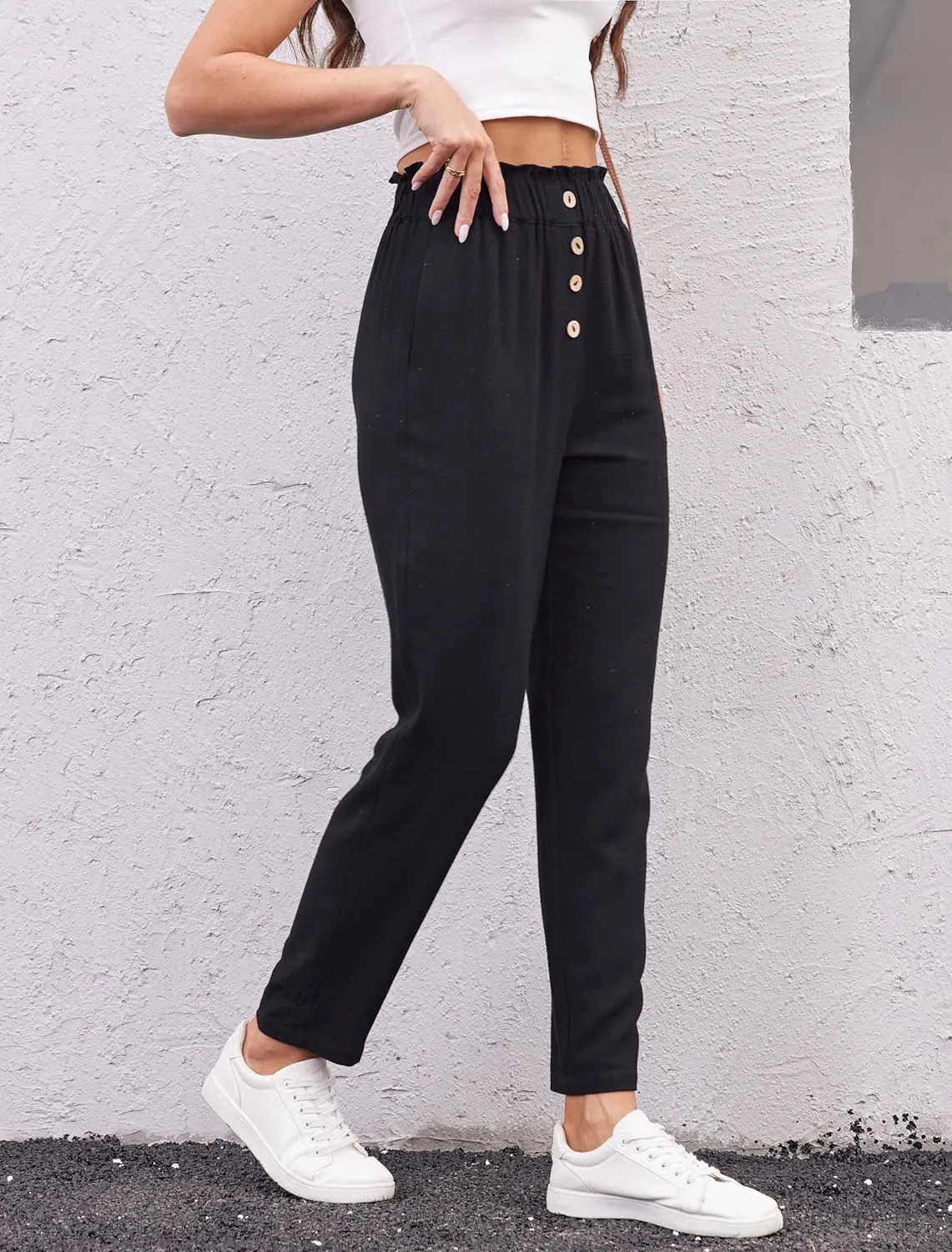 Fakanhui Women's Linen Work Pants Summer Dressy Casual Business High Waist Paperbag Cropped Pants Trouser