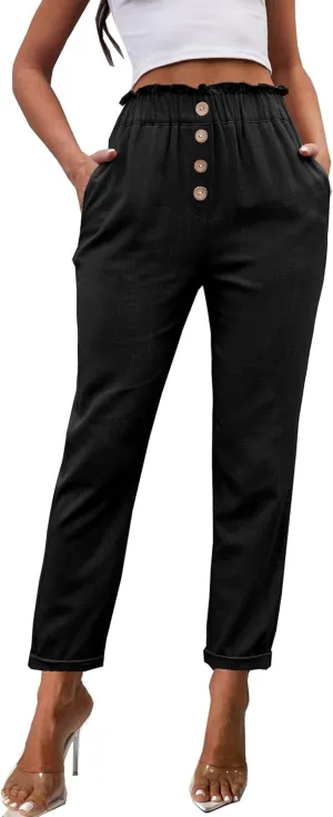 Fakanhui Women's Linen Work Pants Summer Dressy Casual Business High Waist Paperbag Cropped Pants Trouser