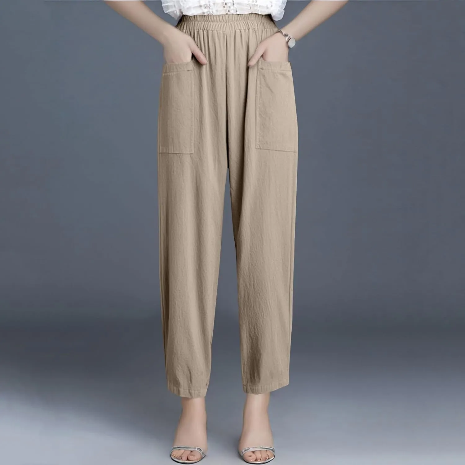 fanmpghleoo Linen Pants Women Casual Elastic Waist Wide Leg Linen Pants for Women Baggy Lightweight Lounge Pants with Pockets