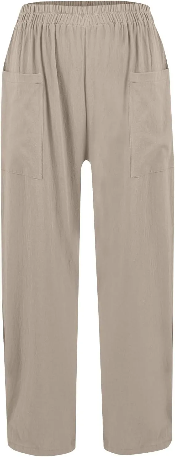 fanmpghleoo Linen Pants Women Casual Elastic Waist Wide Leg Linen Pants for Women Baggy Lightweight Lounge Pants with Pockets