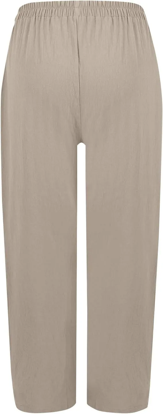 fanmpghleoo Linen Pants Women Casual Elastic Waist Wide Leg Linen Pants for Women Baggy Lightweight Lounge Pants with Pockets