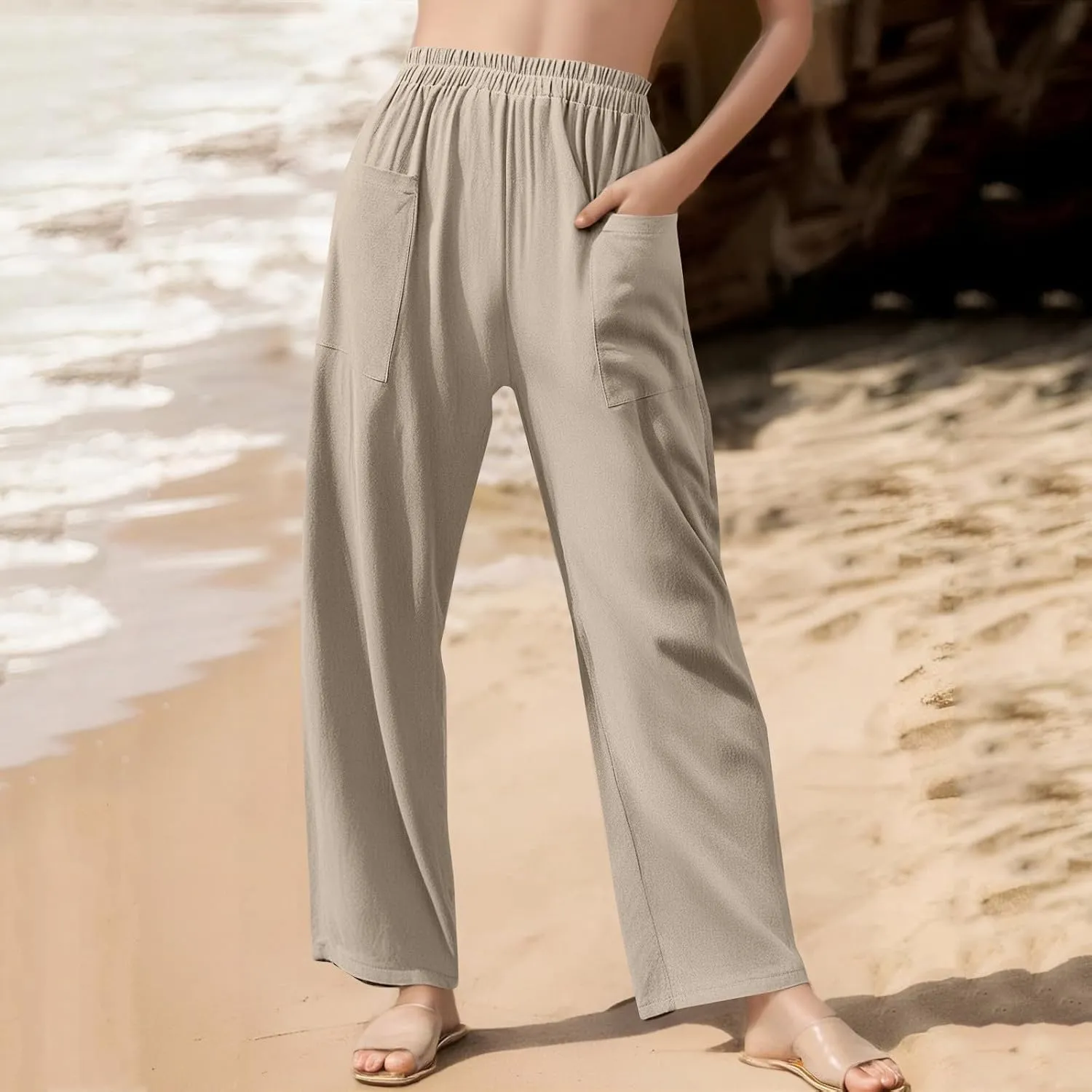 fanmpghleoo Linen Pants Women Casual Elastic Waist Wide Leg Linen Pants for Women Baggy Lightweight Lounge Pants with Pockets