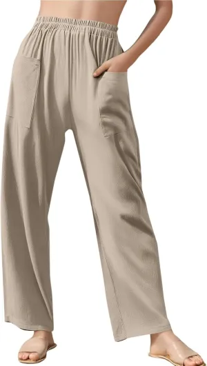 fanmpghleoo Linen Pants Women Casual Elastic Waist Wide Leg Linen Pants for Women Baggy Lightweight Lounge Pants with Pockets