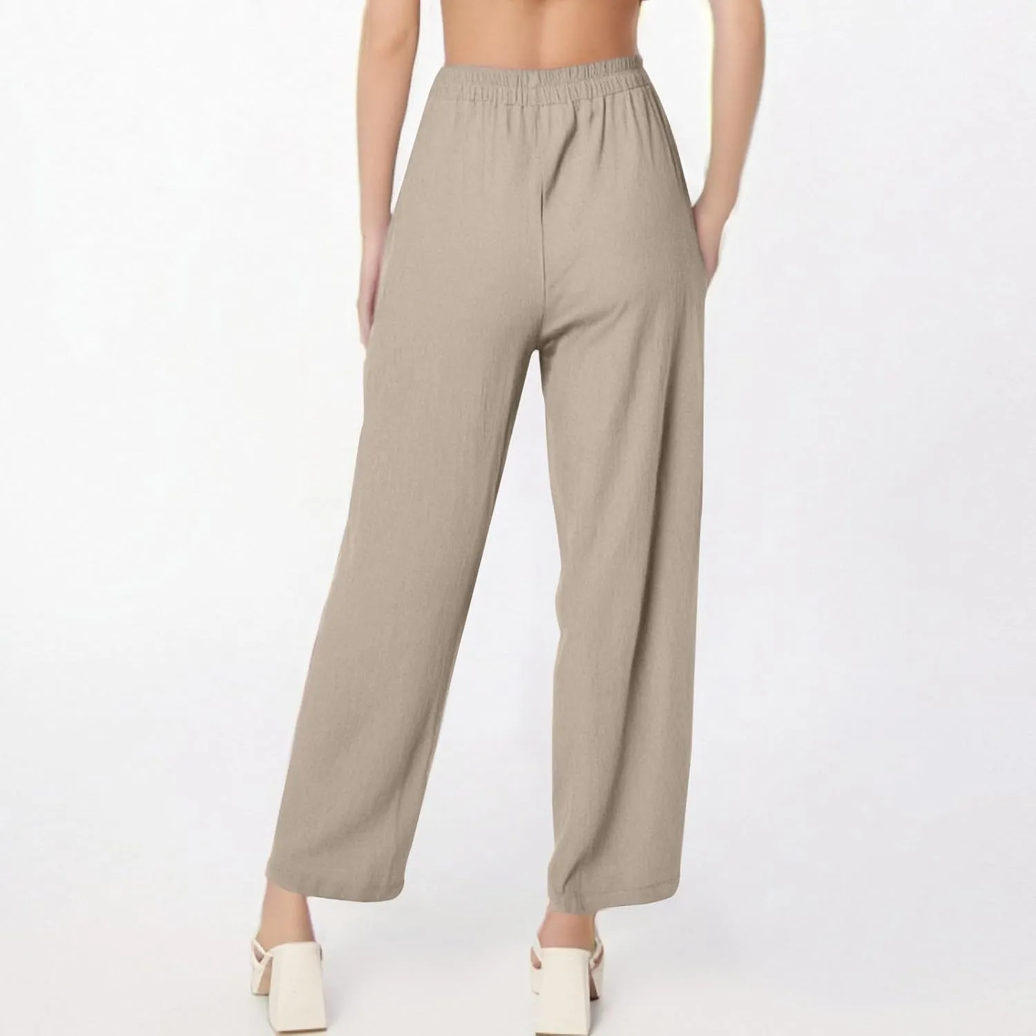fanmpghleoo Linen Pants Women Casual Elastic Waist Wide Leg Linen Pants for Women Baggy Lightweight Lounge Pants with Pockets