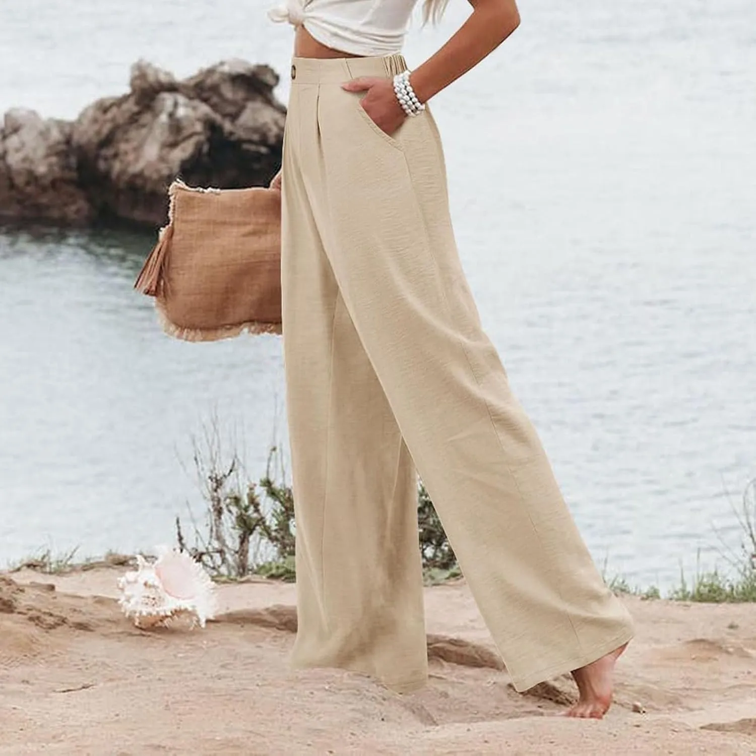 fanmpghleoo Striped Linen Pants Women Dressy Boho Linen Palazzo Pants Casual Business High Waisted Linen Trousers Pants 2025