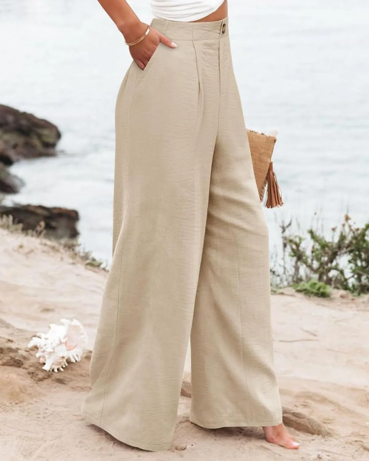 fanmpghleoo Striped Linen Pants Women Dressy Boho Linen Palazzo Pants Casual Business High Waisted Linen Trousers Pants 2025