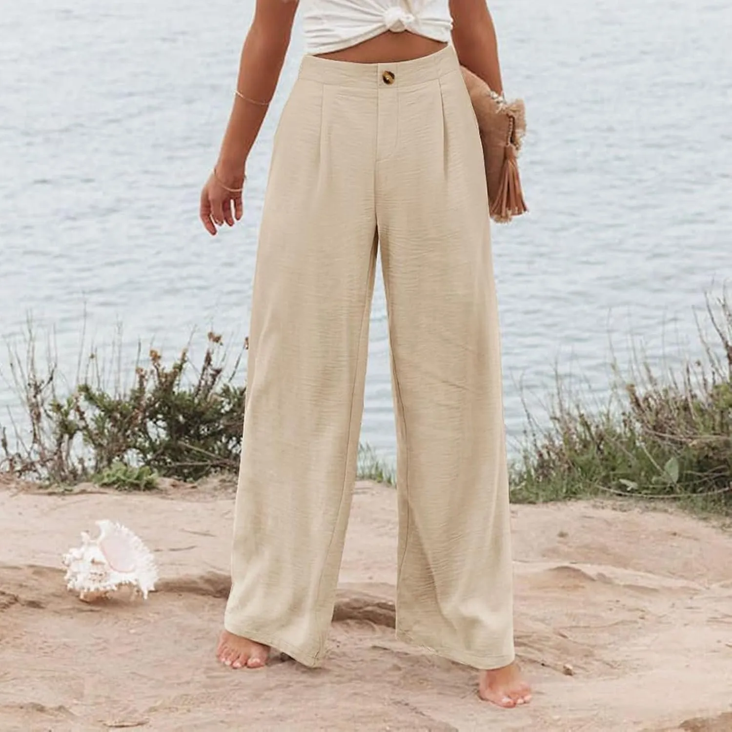 fanmpghleoo Striped Linen Pants Women Dressy Boho Linen Palazzo Pants Casual Business High Waisted Linen Trousers Pants 2025