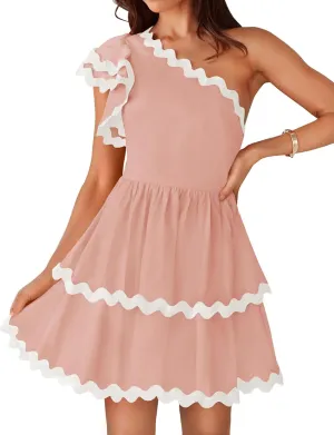 Faretumiya Y2k Summer One Shoulder Dress for Women Ruffle Short Sleeve Tiered Flowy Boho Mini Dress Going Out Bohemian