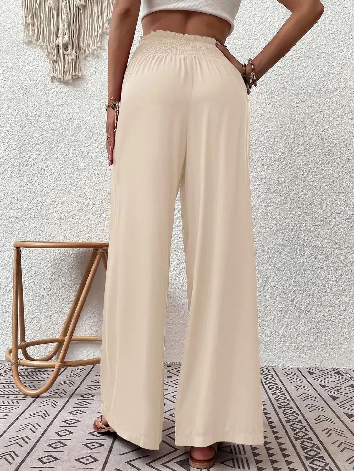 Febriajuce Womens High Waist Wide Leg Pants Smocked Elastic Waist Flowy Palazzo Lounge Pants Loose Trousers with Pockets