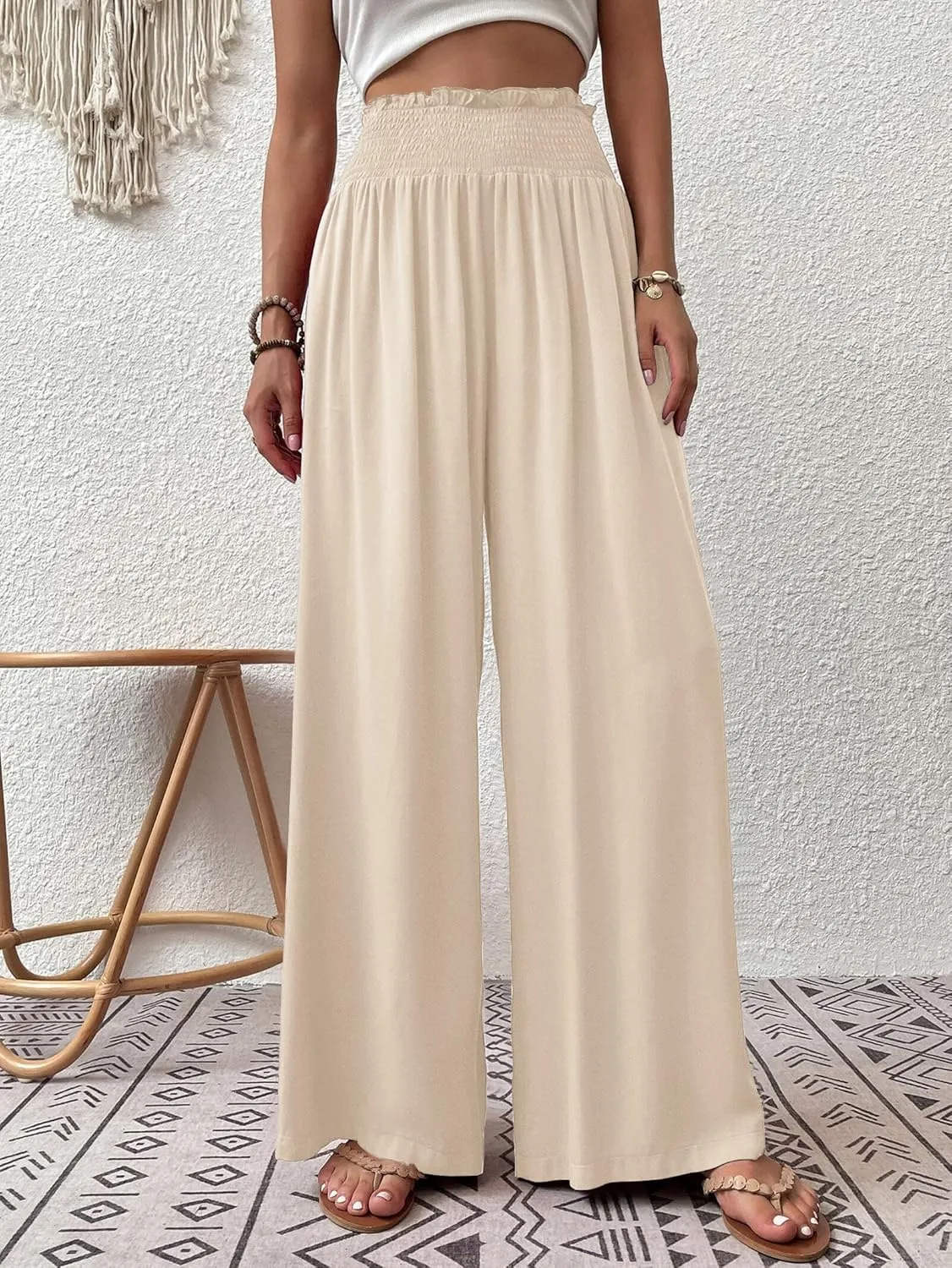 Febriajuce Womens High Waist Wide Leg Pants Smocked Elastic Waist Flowy Palazzo Lounge Pants Loose Trousers with Pockets