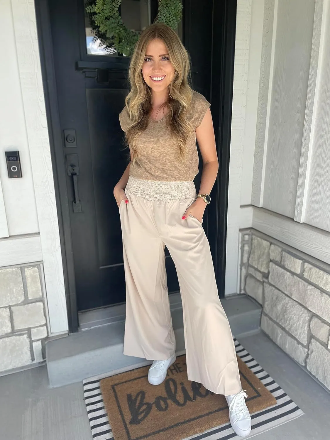 Febriajuce Womens High Waist Wide Leg Pants Smocked Elastic Waist Flowy Palazzo Lounge Pants Loose Trousers with Pockets