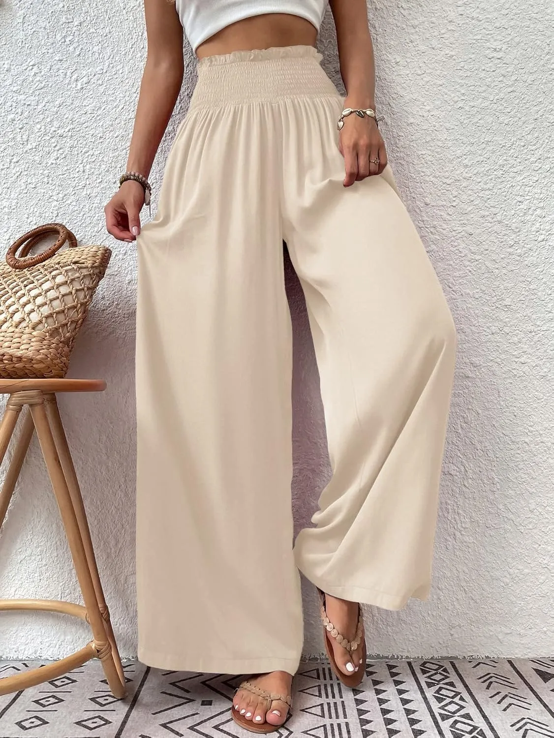 Febriajuce Womens High Waist Wide Leg Pants Smocked Elastic Waist Flowy Palazzo Lounge Pants Loose Trousers with Pockets