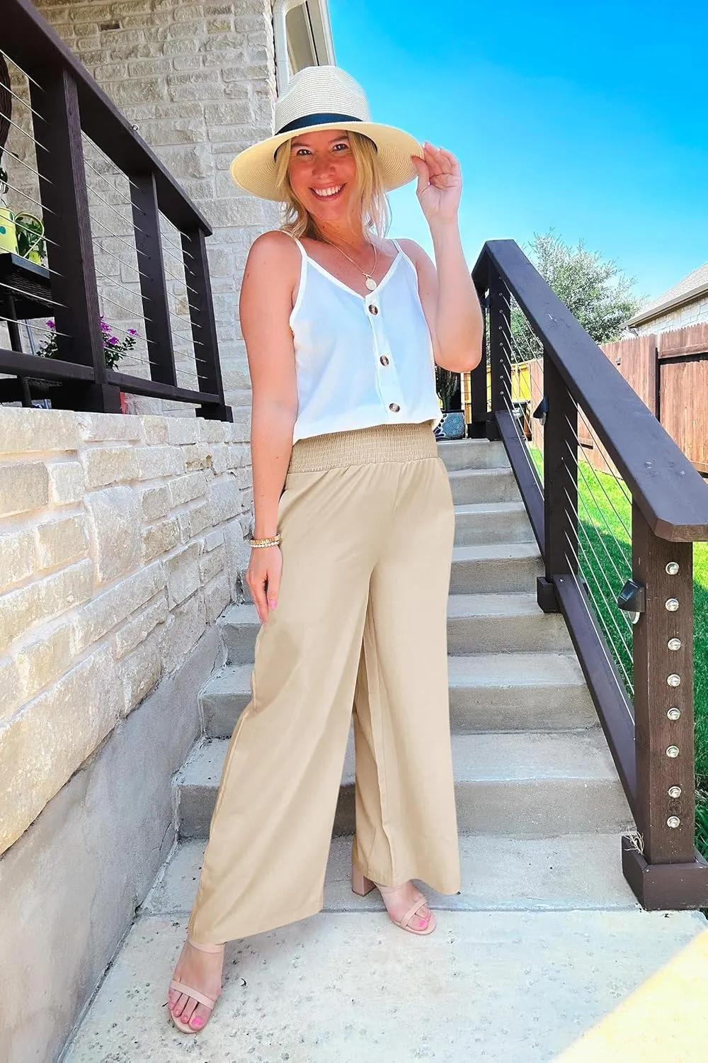 Febriajuce Womens High Waist Wide Leg Pants Smocked Elastic Waist Flowy Palazzo Lounge Pants Loose Trousers with Pockets