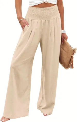 Febriajuce Womens High Waist Wide Leg Pants Smocked Elastic Waist Flowy Palazzo Lounge Pants Loose Trousers with Pockets