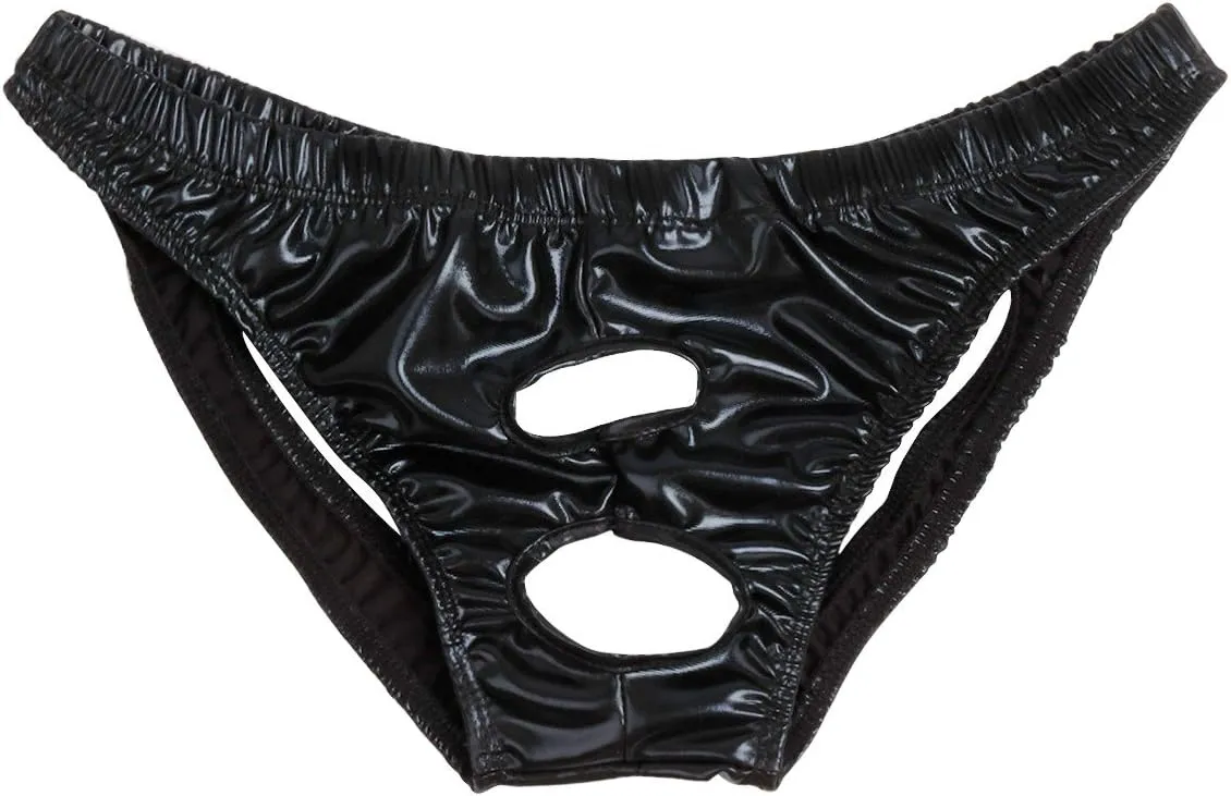 FEESHOW Men's Faux Leather Jockstrap Briefs Open Front Two Holes Underwear
