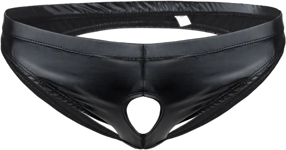 FEESHOW Men's Faux Leather Jockstrap Briefs Open Front Two Holes Underwear
