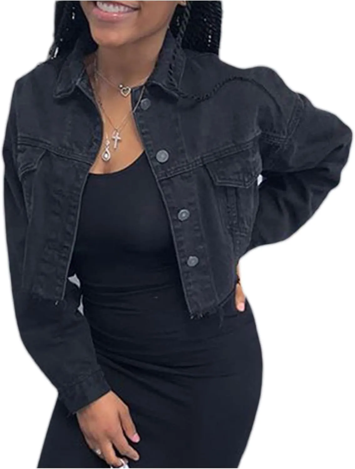 FEORJGP Women Crop Denim Jacket Button Down Distressed Ripped Hem Jacket Long Sleeve Lapel Cropped Jean Jacket 90s Streetwear
