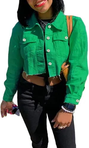 FEORJGP Women Crop Denim Jacket Button Down Distressed Ripped Hem Jacket Long Sleeve Lapel Cropped Jean Jacket 90s Streetwear
