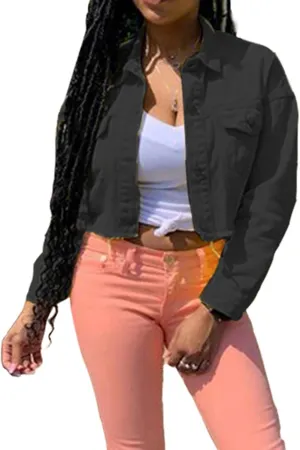 FEORJGP Women Crop Denim Jacket Button Down Distressed Ripped Hem Jacket Long Sleeve Lapel Cropped Jean Jacket 90s Streetwear