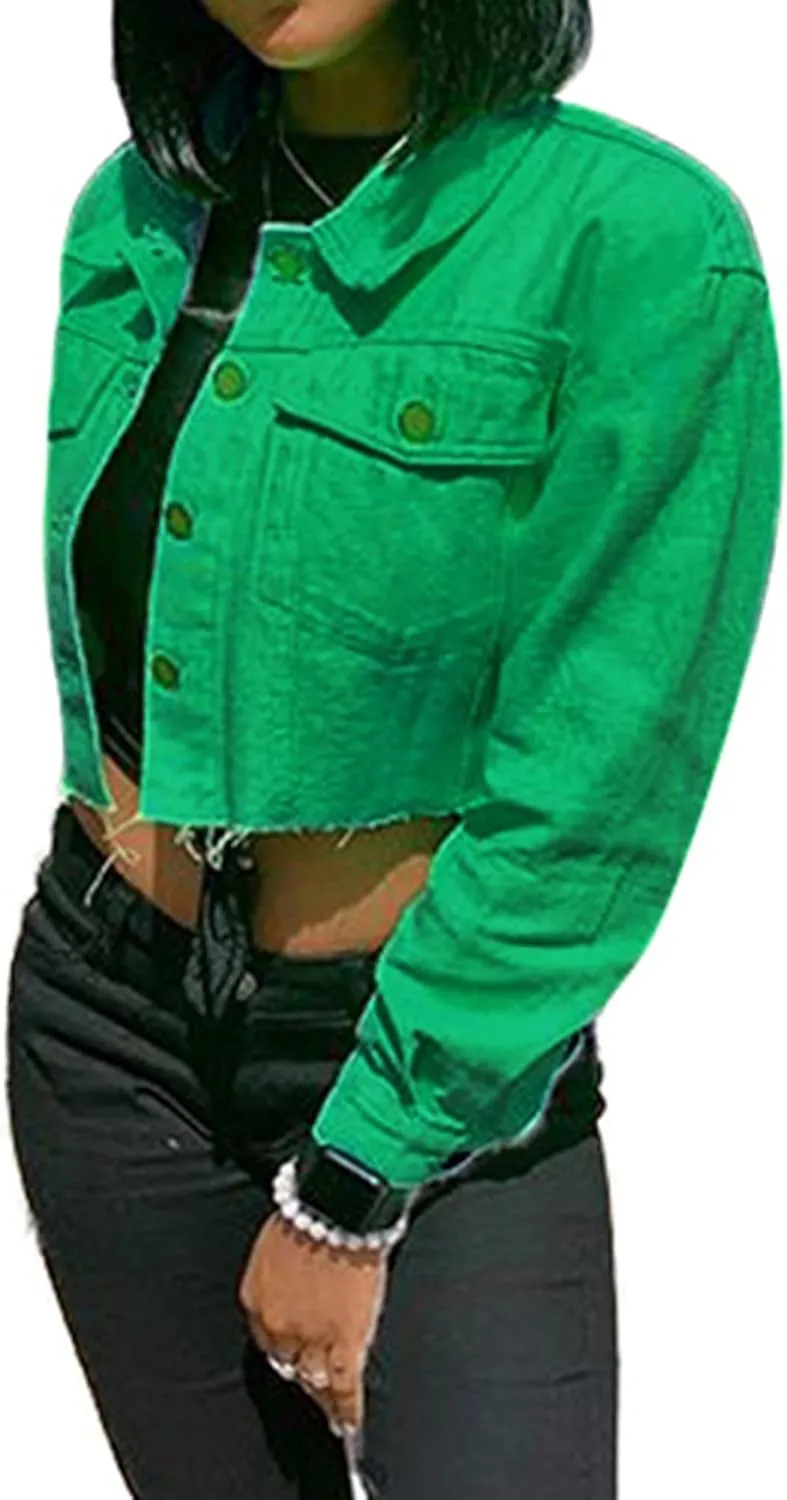 FEORJGP Women Crop Denim Jacket Button Down Distressed Ripped Hem Jacket Long Sleeve Lapel Cropped Jean Jacket 90s Streetwear